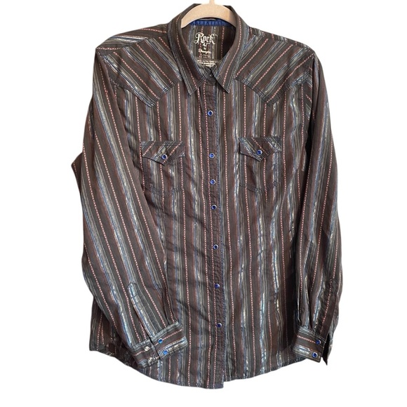 Rock 47 By Wrangler Women's Large
Stripe Blue Snap Western Long Sleeve-Metallic - Picture 1 of 12